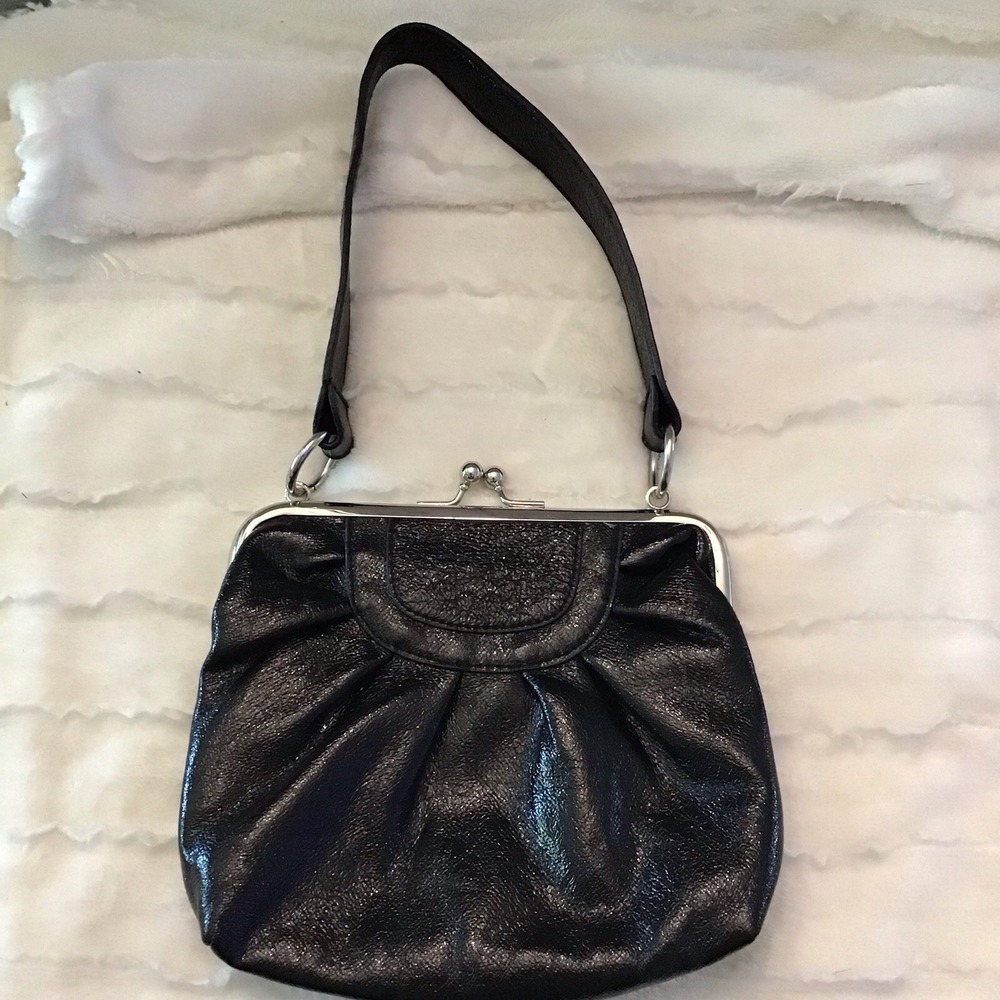 Vintage Clutch Handbag Genuine Leather Purse Black Silver Ball Clasp